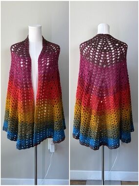 Hand Crocheted Ombré Rainbow Shawl Wrap Layering Artisan Festival Boho One Size